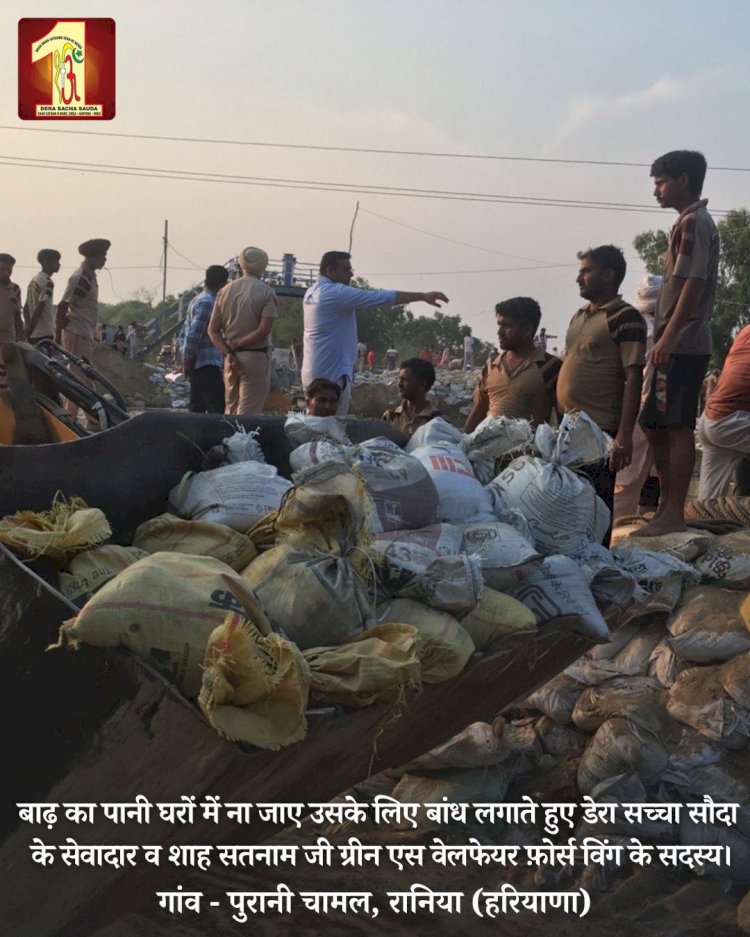 Fueled by the spirit to serve mankind, 2000 Dera Sacha Sauda volunteers forge a 20-feet deep sandbag embankment in the Ghaggar River to save flood victims