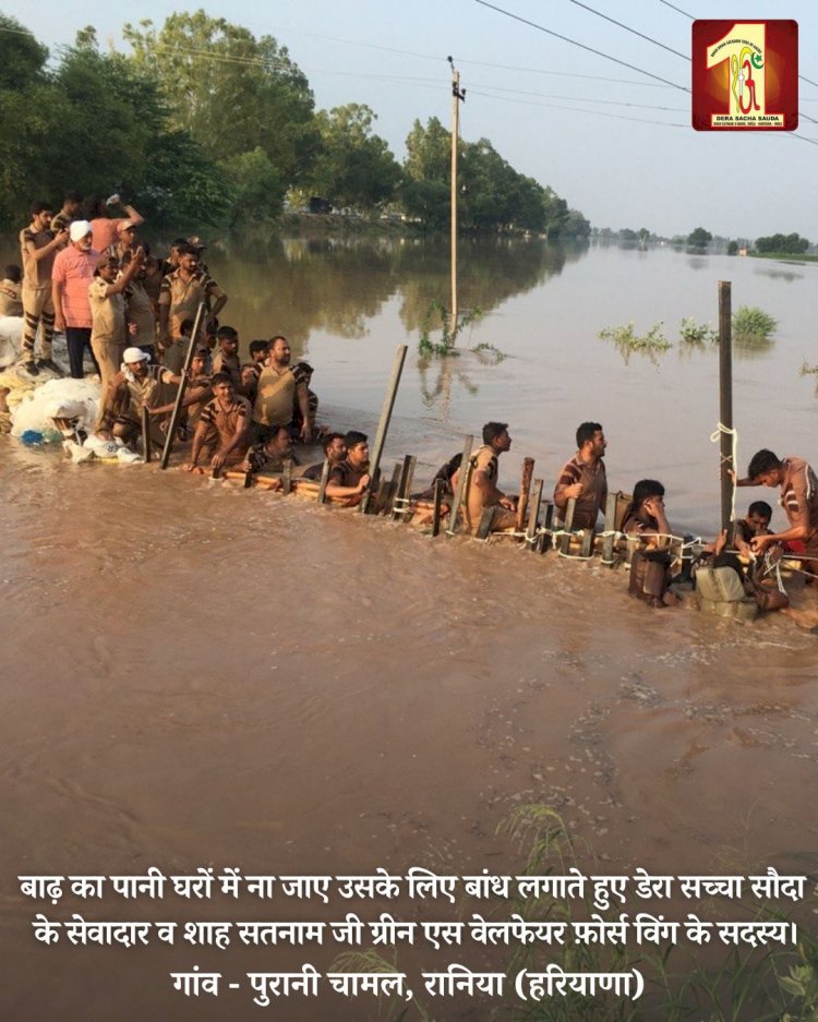 Fueled by the spirit to serve mankind, 2000 Dera Sacha Sauda volunteers forge a 20-feet deep sandbag embankment in the Ghaggar River to save flood victims