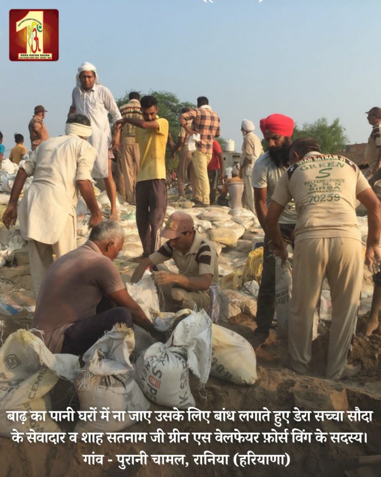 Fueled by the spirit to serve mankind, 2000 Dera Sacha Sauda volunteers forge a 20-feet deep sandbag embankment in the Ghaggar River to save flood victims