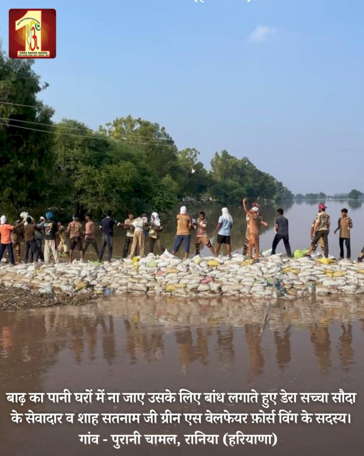 Fueled by the spirit to serve mankind, 2000 Dera Sacha Sauda volunteers forge a 20-feet deep sandbag embankment in the Ghaggar River to save flood victims