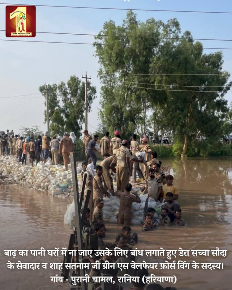 Fueled by the spirit to serve mankind, 2000 Dera Sacha Sauda volunteers forge a 20-feet deep sandbag embankment in the Ghaggar River to save flood victims