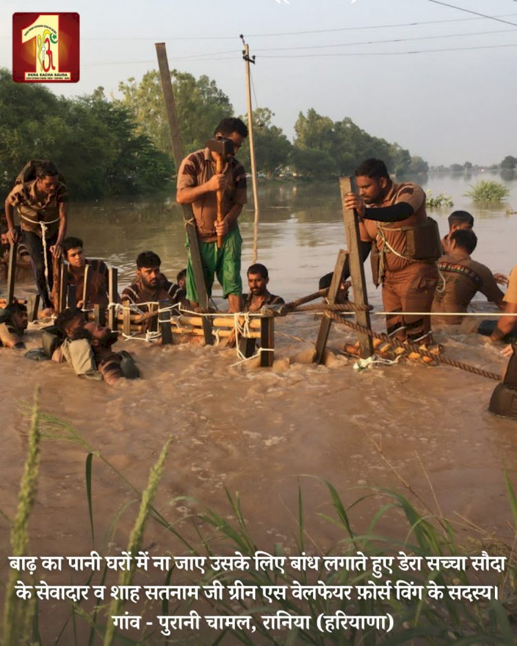 Fueled by the spirit to serve mankind, 2000 Dera Sacha Sauda volunteers forge a 20-feet deep sandbag embankment in the Ghaggar River to save flood victims