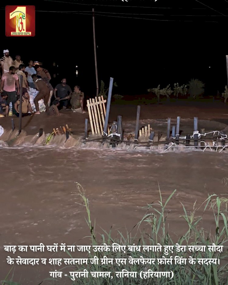 Fueled by the spirit to serve mankind, 2000 Dera Sacha Sauda volunteers forge a 20-feet deep sandbag embankment in the Ghaggar River to save flood victims